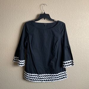 Talbots Womens Small Black White Rick Rack Trim Blouse Top Bell Sleeve Cotton